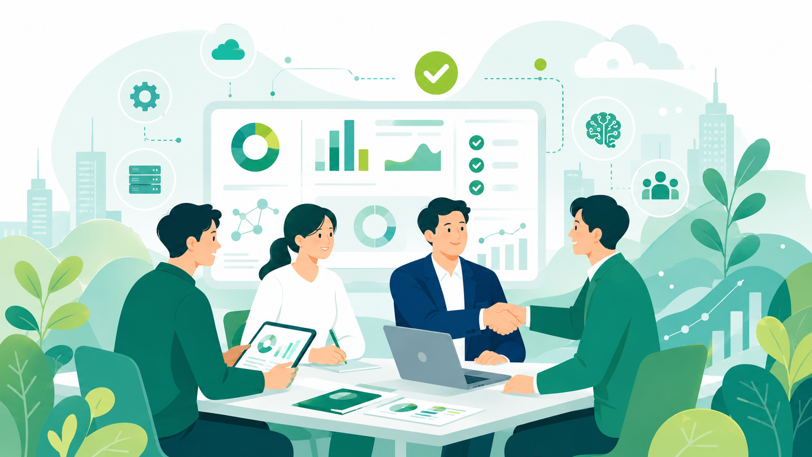 4人のチームメンバーが議論し握手するイラスト